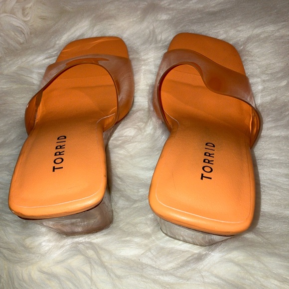 Torrid Sandal Orange Lucite Clear Heels Wedge Mule Slide - Picture 11 of 11
